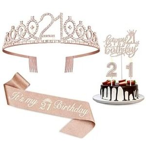 21st birthday decorations for her sash , cake topper, crown , and candles 🕯